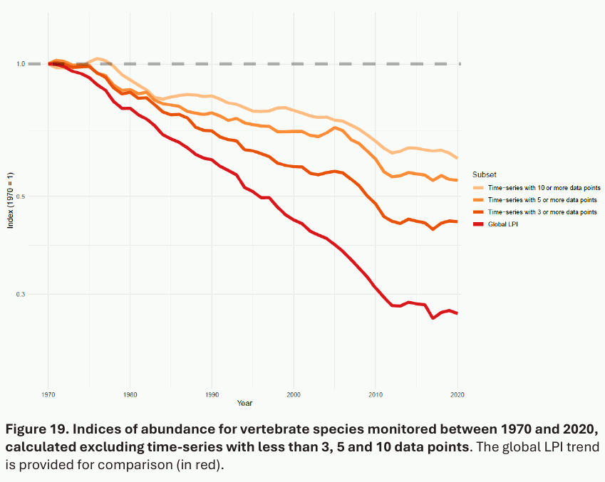 Diagram: LPI indices of abundance for vertebrate species monitored between 1970 and 2020, calculated excluding time-series with less than 3, 5 and 10 data points (ZSL 2024). 