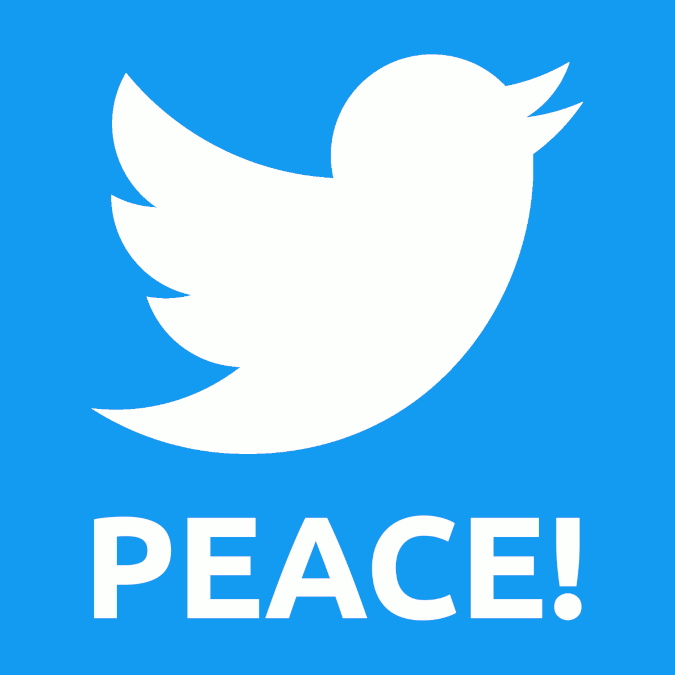 Graphic showing the peace dove in the style of the Twitter bird and the word PEACE! 