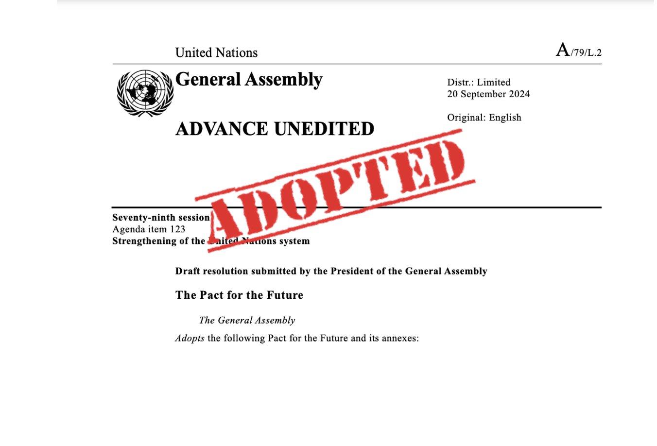 Title page of the Pact for the Future with stamp stating adopted. 