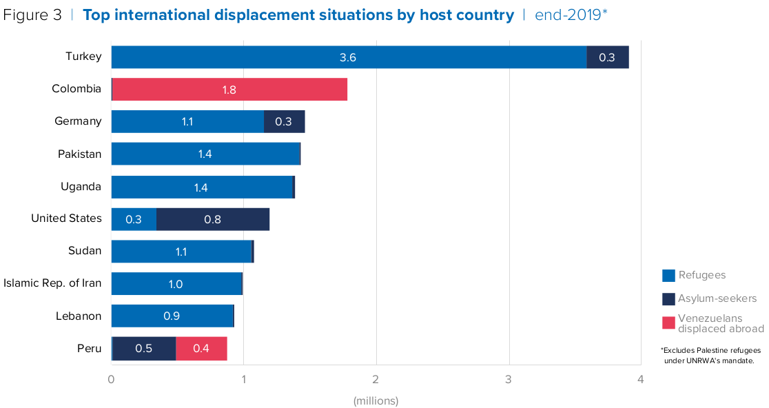 Top international displacement situations by host country.