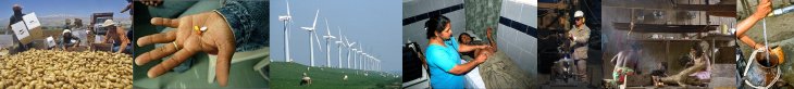 Photographs on some challenges: harvest, medicals, wind power stations, etc.