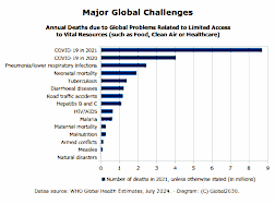 Bar diagram on numbers of deaths from major global challenges in 2021. 