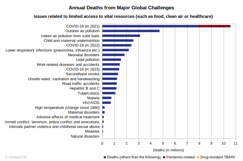 Bar diagram on annual deaths from major global challenges. 