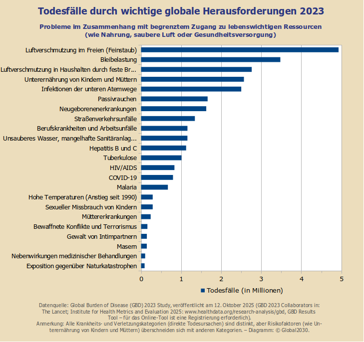 Balkendiagramm zu Todesfällen aufgrund wichtiger globaler Herausforderungen 2023 Balkendiagramm zu Todesfällen aufgrund wichtiger globaler Herausforderungen 2023.