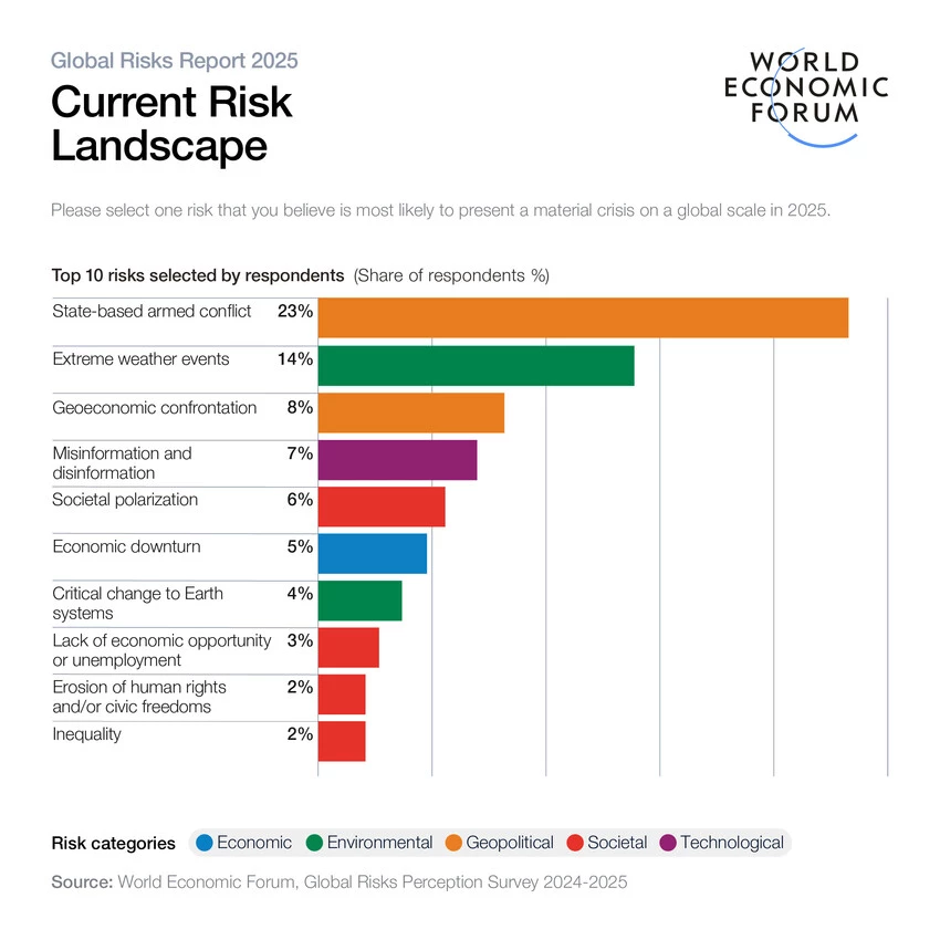 Bar diagram on global risks most likely to present a material crisis on a global scale in 2025 (WEF). 